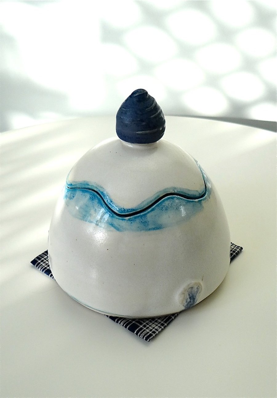 Ceramic lidded pot in turquoise, blue and white - handmade stoneware pottery
