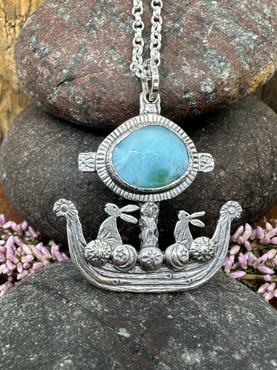 Hare Viking Ship Pendant with Larimar