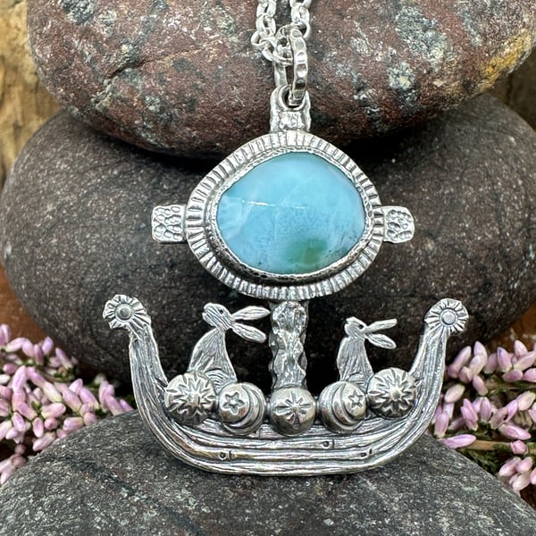 Hare Viking Ship Pendant with Larimar