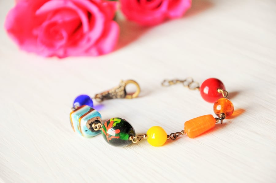 Glass Bead Bracelet, Chunky Bangle, Rainbow jewellery, Sister bracelet