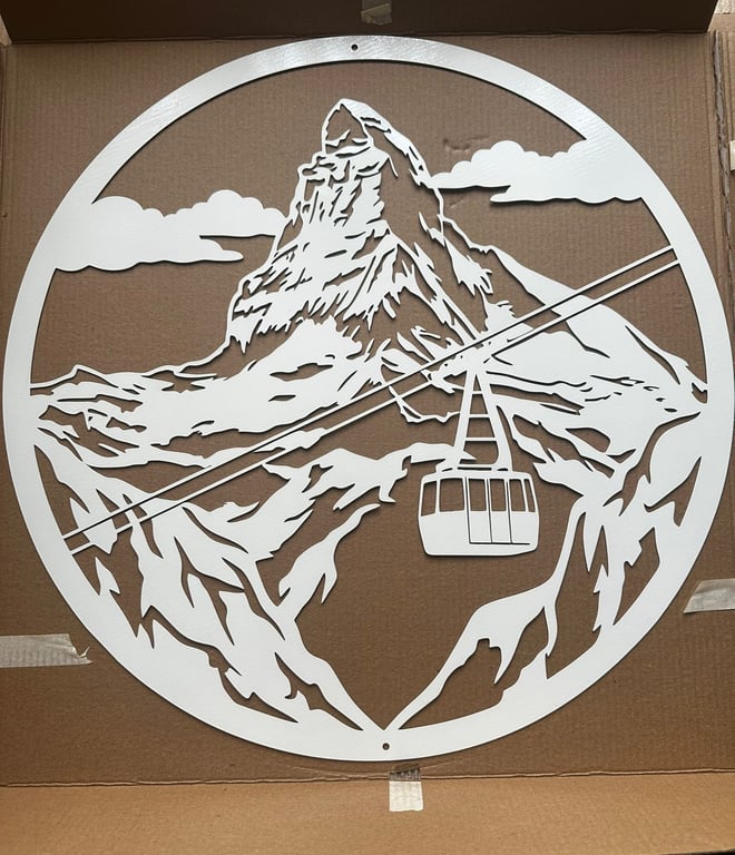 Matterhorn Mountain Metal Wall Art - 45cm Circular Swiss Alps & Cable Car Sign