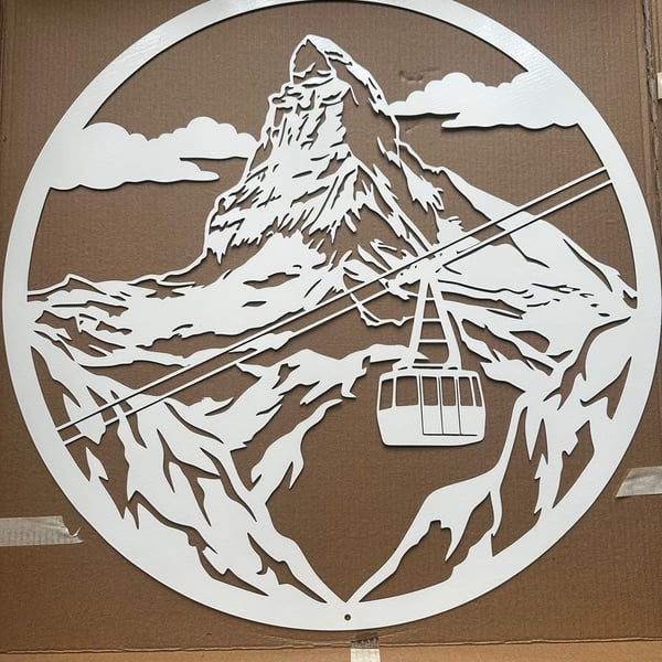 Matterhorn Mountain Metal Wall Art - 45cm Circular Swiss Alps & Cable Car Sign