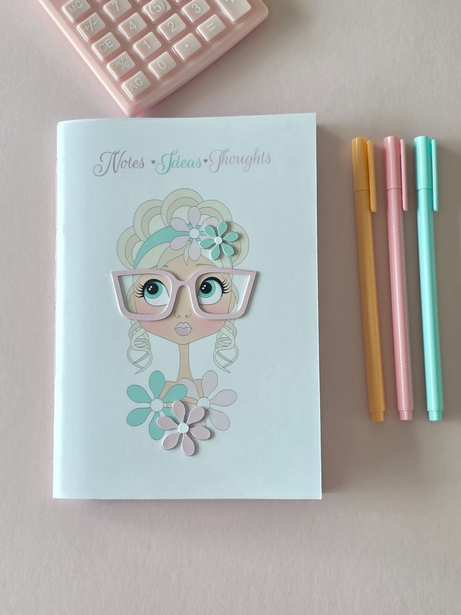 Handmade A5 Sewn Notebook-Pink Glasses Lady-3D Cover