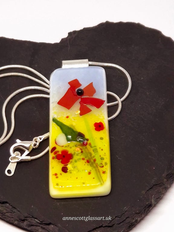 Handmade Fused Glass Pendant Necklace Poppy-field Red Poppy (B)