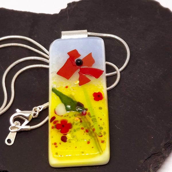 Handmade Fused Glass Pendant Necklace Poppy-field Red Poppy (B)
