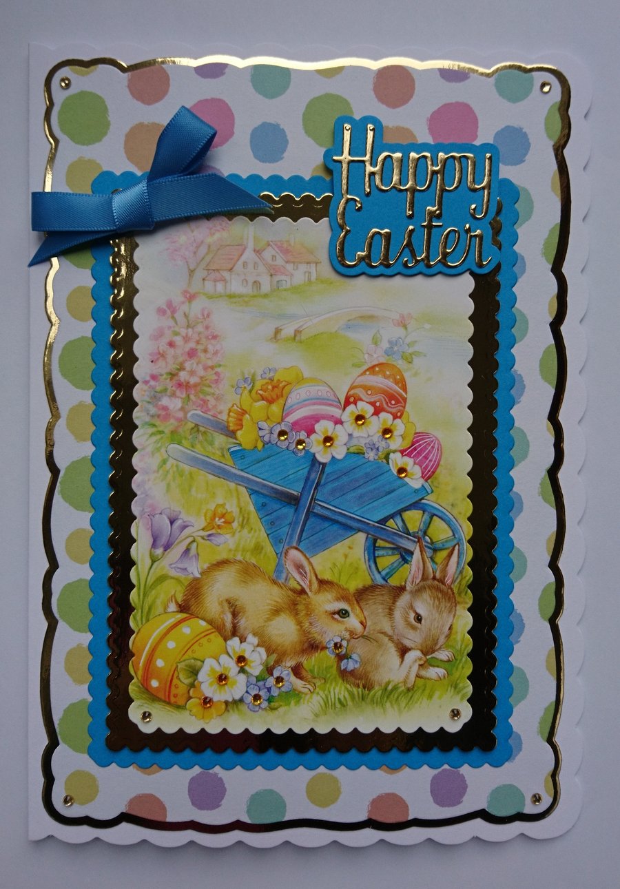 Easter Card Happy Easter Cute Bunnies Wheelbarrow of Easter Eggs