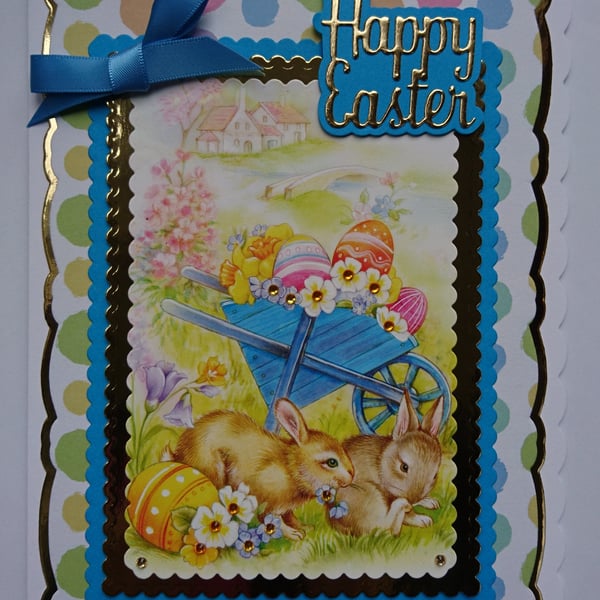 Easter Card Happy Easter Cute Bunnies Wheelbarrow of Easter Eggs