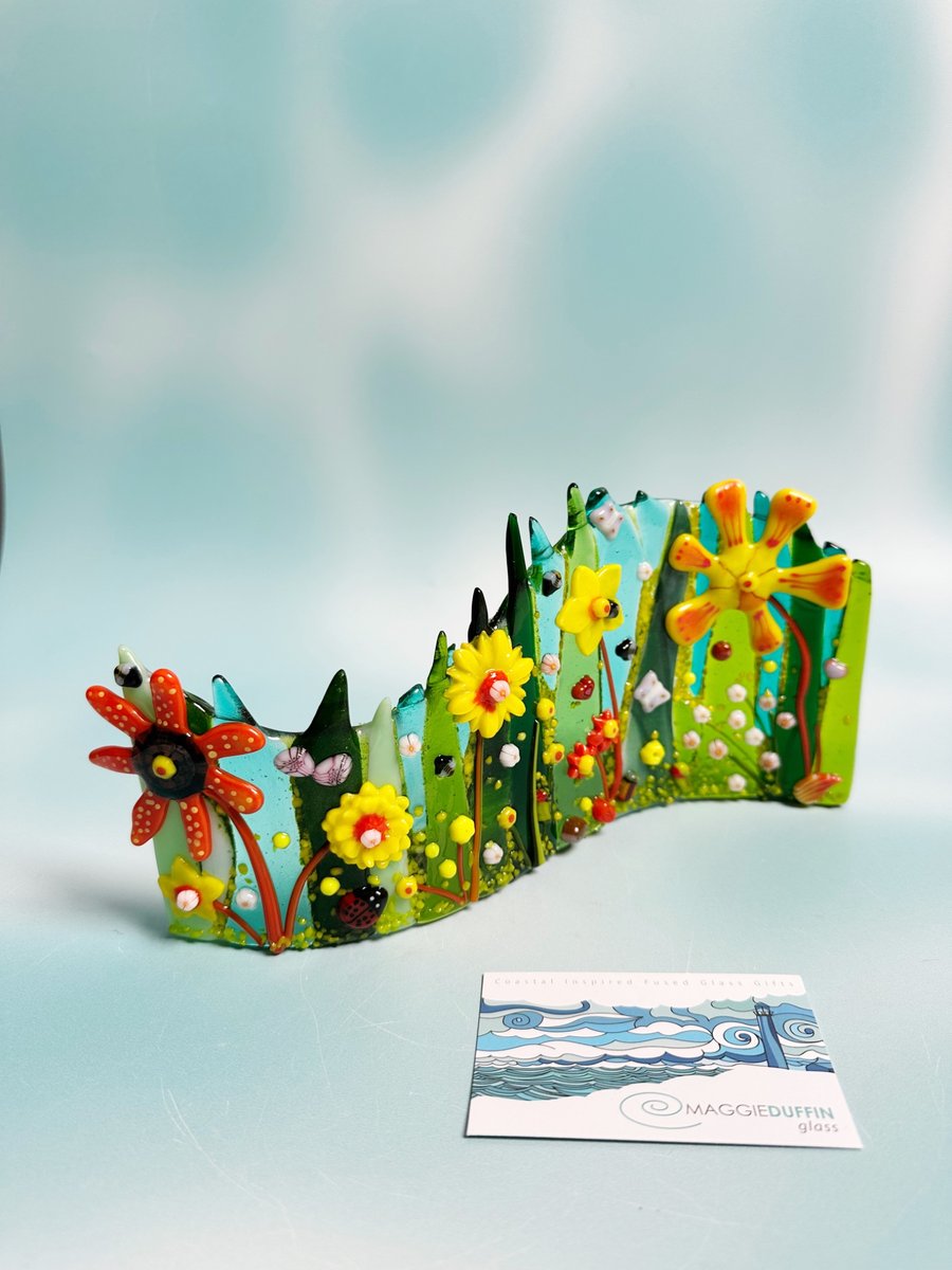 Fused Glass Wavy Panel- Yellow-Orange-Green