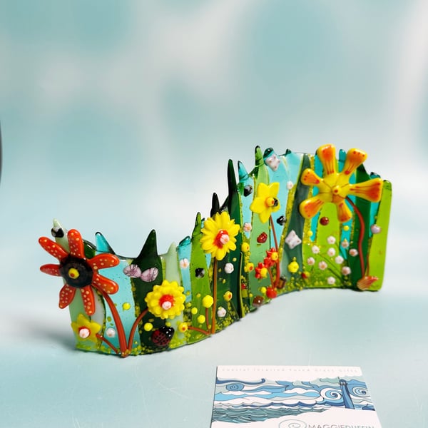 Fused Glass Wavy Panel- Yellow-Orange-Green