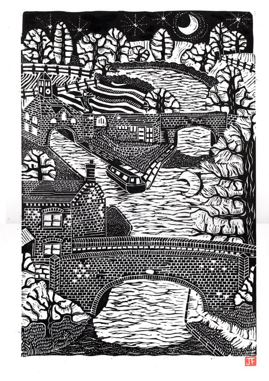 View Over Apple Pie Lane Bridge by John Freeman, linocut print