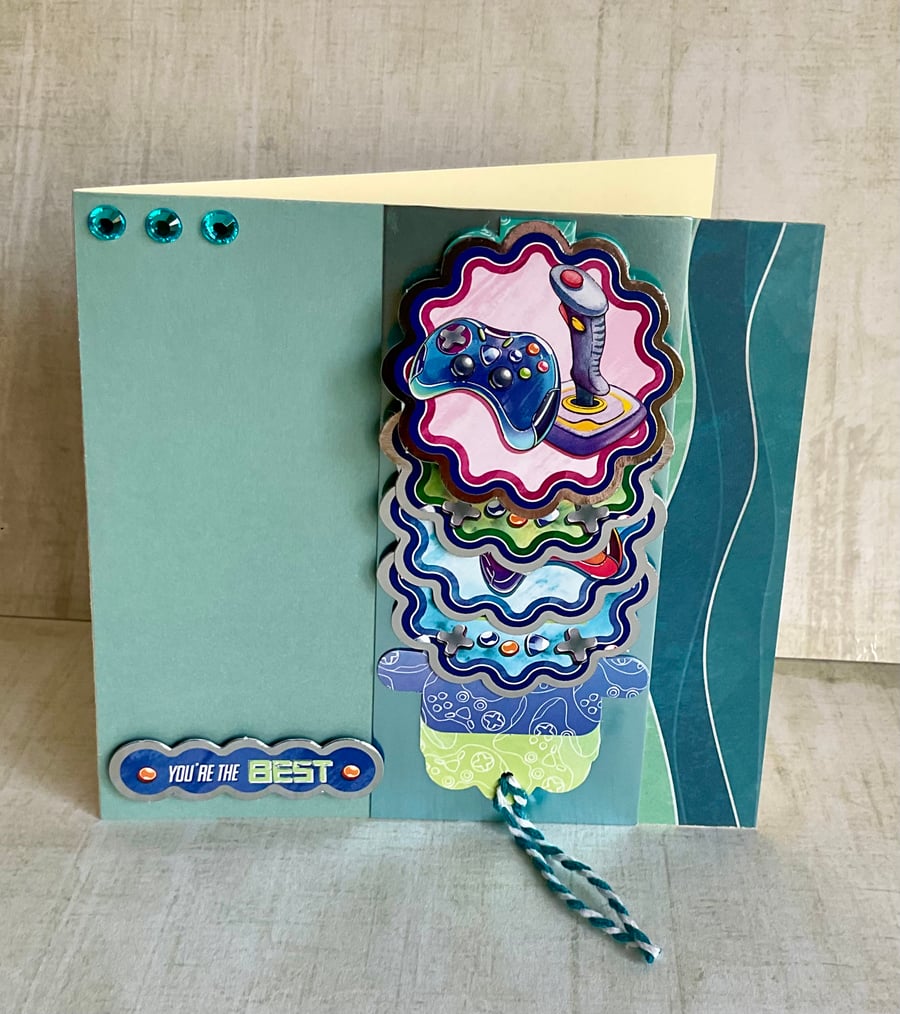 Card. Waterfall greetings card for a gamer.