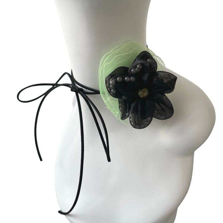Flower choker Black and green organza fabric flower corsage tie choker 
