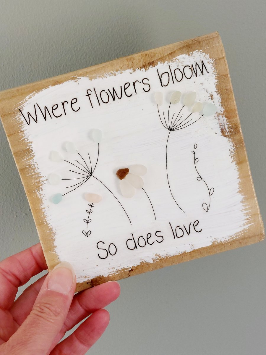Sea Glass Sustainable Art Picture - Beach Glass Flowers on Reclaimed Wood