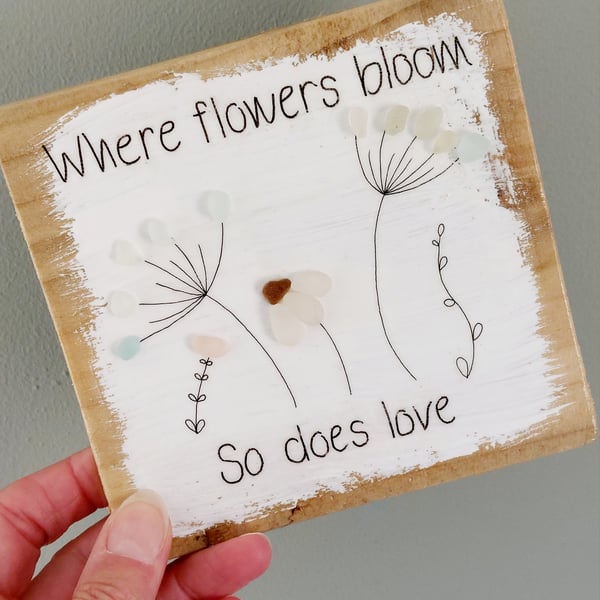 Sea Glass Sustainable Art Picture - Beach Glass Flowers on Reclaimed Wood