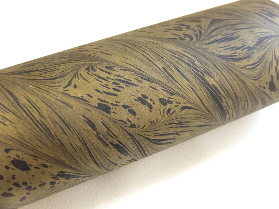 A4 Marbled paper sheet gold black feather pattern 