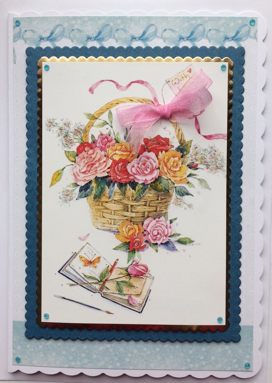 With Love Basket of Flowers Journal Birthday Any Occasion 3D Luxury Handmade