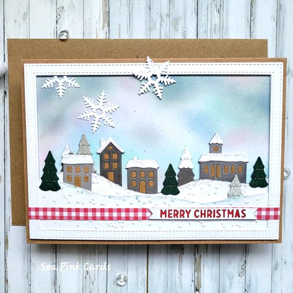 Nordic Christmas Card - houses, village, snow, trees, blank inside