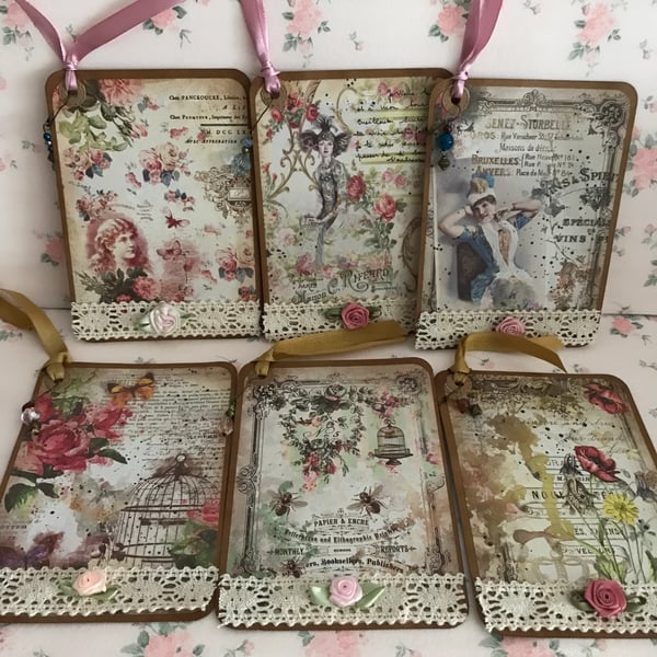 Set 6 Journal Cards Vintage Style Ladies Roses Large Tags Toppers Scrapbooking