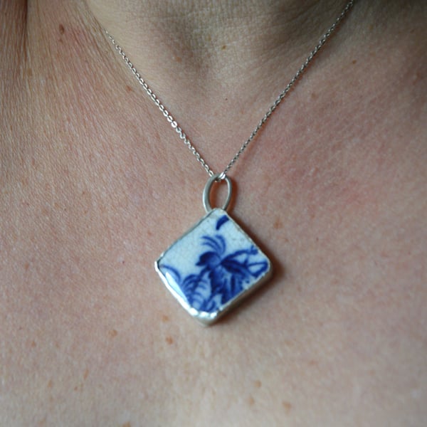 Victorian blue and white pottery pendant