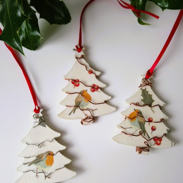 Robin Decoupage Christmas Tree Decorations Set of 3