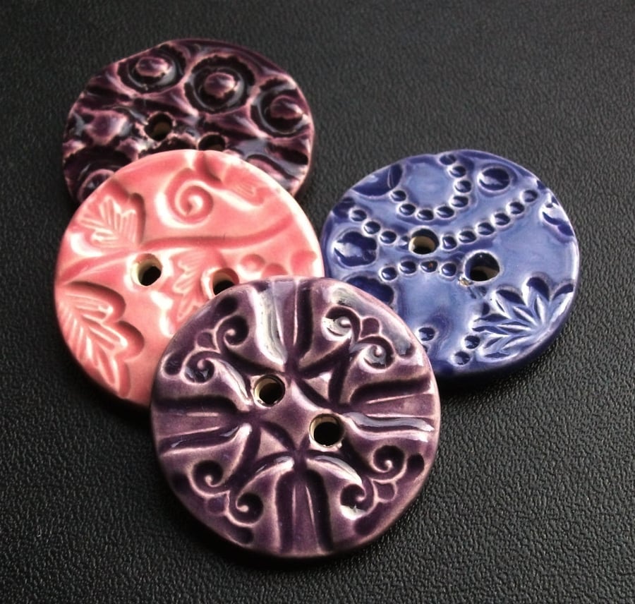 set of four large ceramic buttons shades of purple