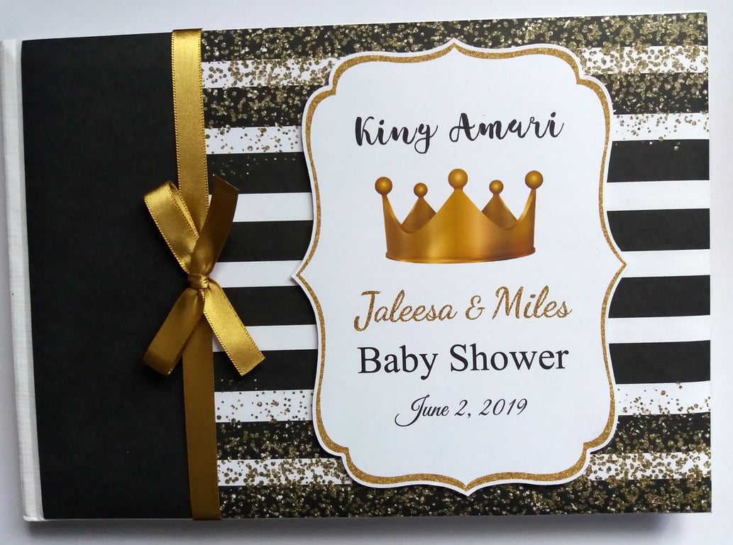 Black and gold prince birthday guest book, gold crown blue and gold guest book