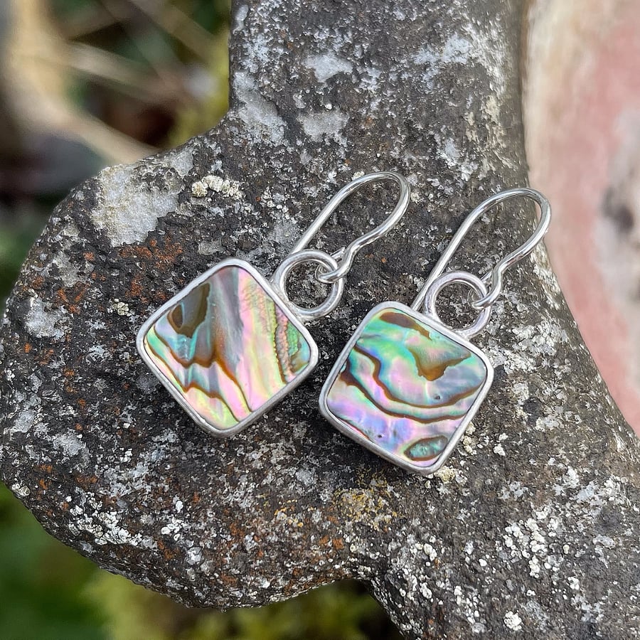 Silver square earrings set with abalone, patterned hearts on back handmade hooks