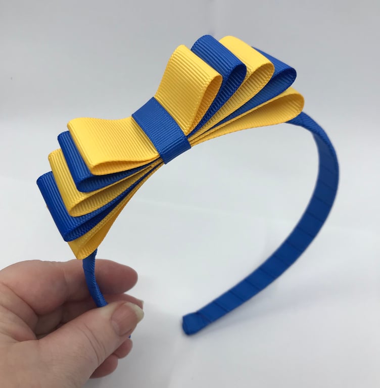 Royal Blue Hairband with 5 Layer Royal Blue and Yellow GoldTwo-tone Straight Bow