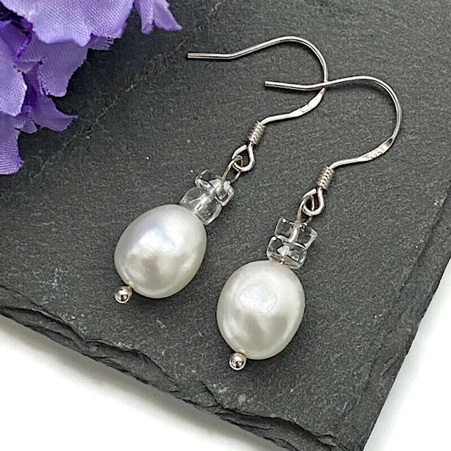 SALE - Sterling Silver White Freshwater Pearl & White Topaz Earrings