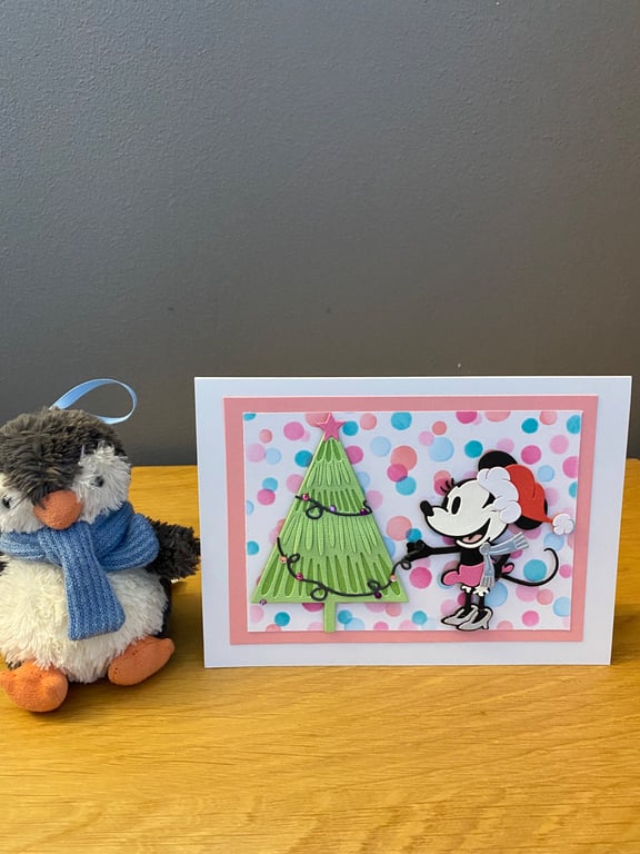Handmade Minnie-Inspired Christmas Card – Festive Tree Decorating Design