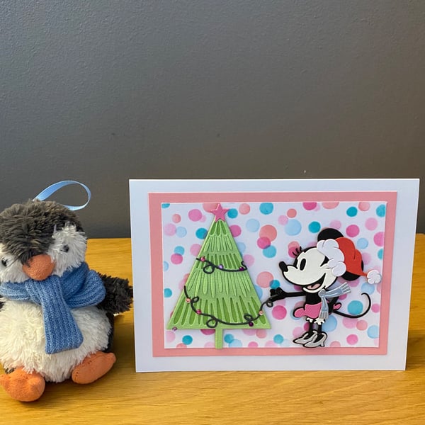 Handmade Minnie-Inspired Christmas Card – Festive Tree Decorating Design