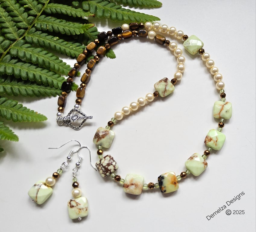Designer Lime Jasper, Tiger's Eye, Shell Pearls, Peridot Necklace & Earrings 