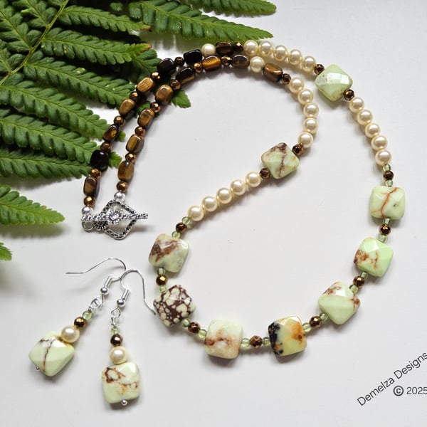 Designer Lime Jasper, Tiger's Eye, Shell Pearls, Peridot Necklace & Earrings 