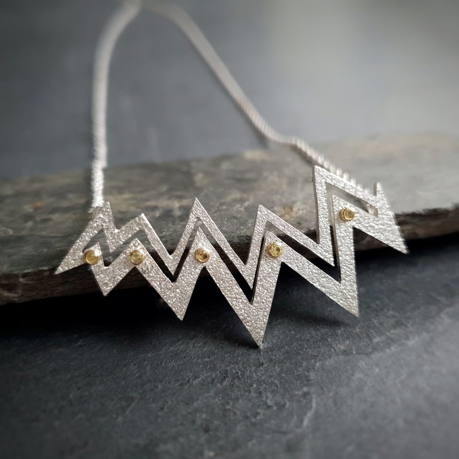 Silver Zigzag Statement Necklace with yellow sapphires, hypoallergenic