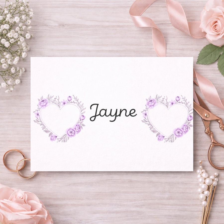 Personalised Wedding Name Place Card  Lilac Love Heart