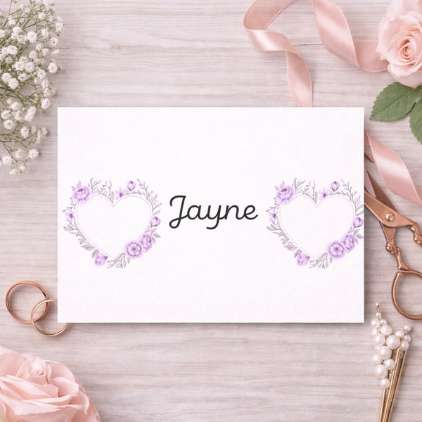 Personalised Wedding Name Place Card  Lilac Love Heart