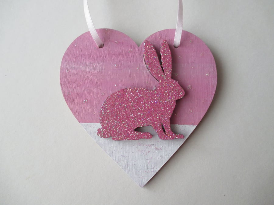 Christmas Decoration Bunny Rabbit Hanging Heart Snow Bunny Pink White