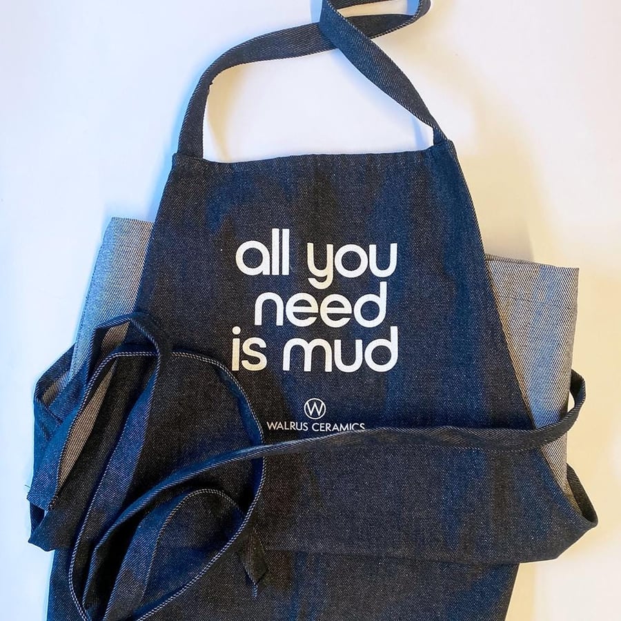 Potters' apron- recycled dark denim -original design 'All you need is mud' 