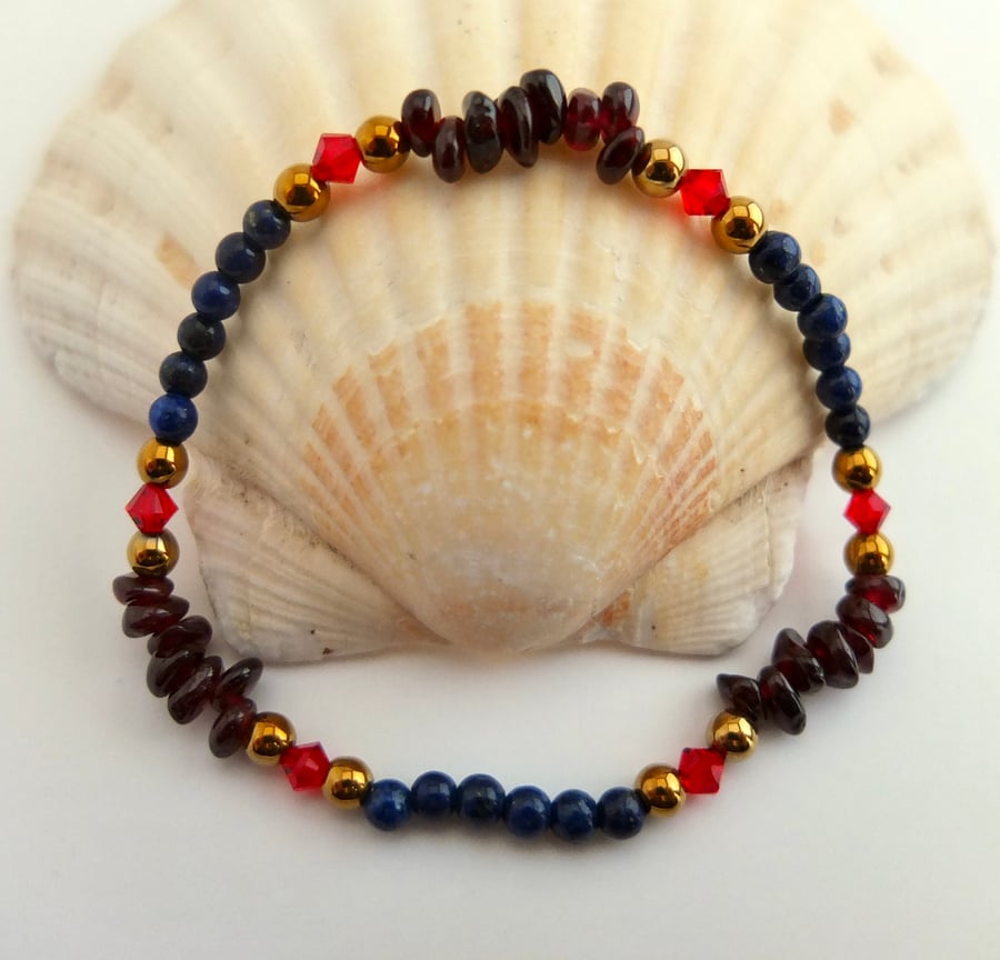 Garnet, Lapis Lazuli And Swarovski Crystal Bracelet - Handmade In Devon.