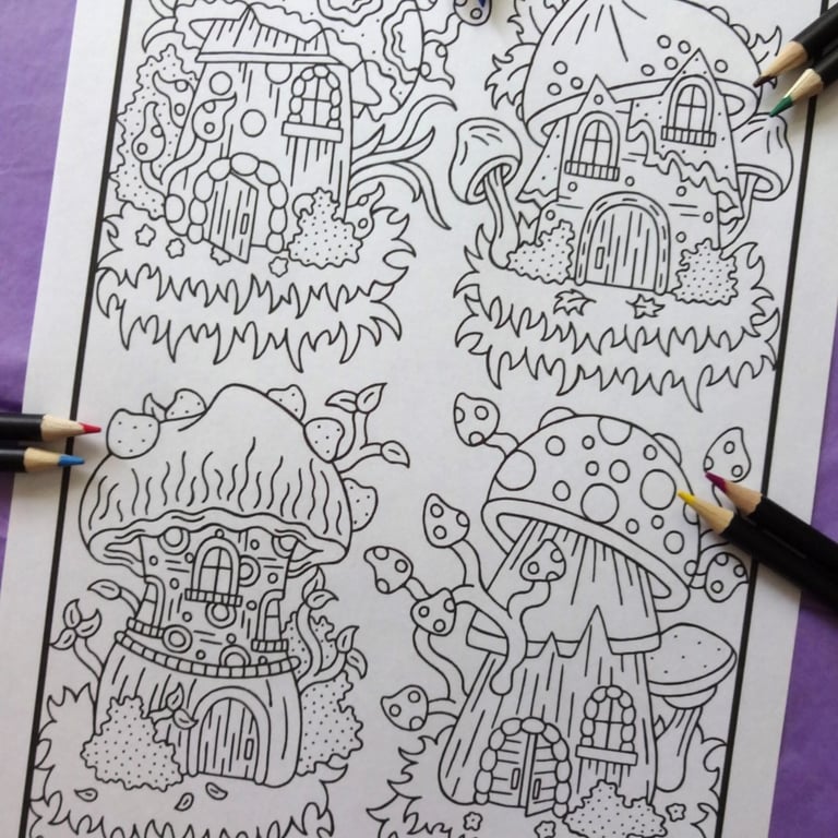 Mushroom Houses A4 Colouring Page Printable JPG by S Godwin Studio