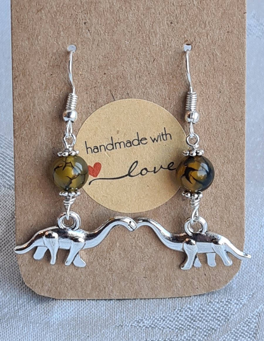 Quirky Dinosaur Charm Earrings - with Dragons Vein Agate Beads