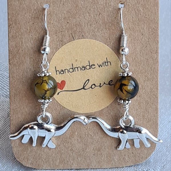 Quirky Dinosaur Charm Earrings - with Dragons Vein Agate Beads