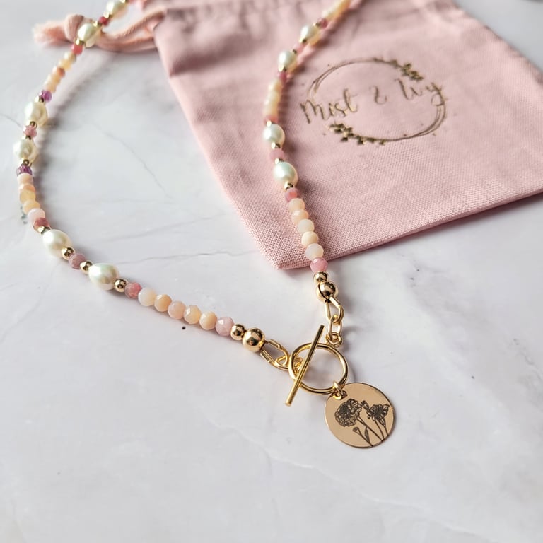 October Birth Flower Necklace (Marigold) - Pink Opal, Pink Tourmaline & Pearls