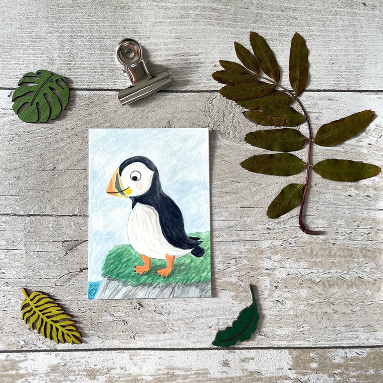 Puffin Bird Miniature Original ACEO painting - One of a kind