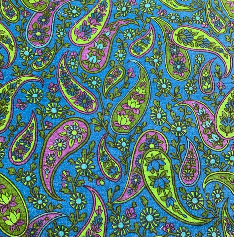 Fun Paisley Blue Purple Lime 60s 70s Barkcloth Vintage Fabric for sale