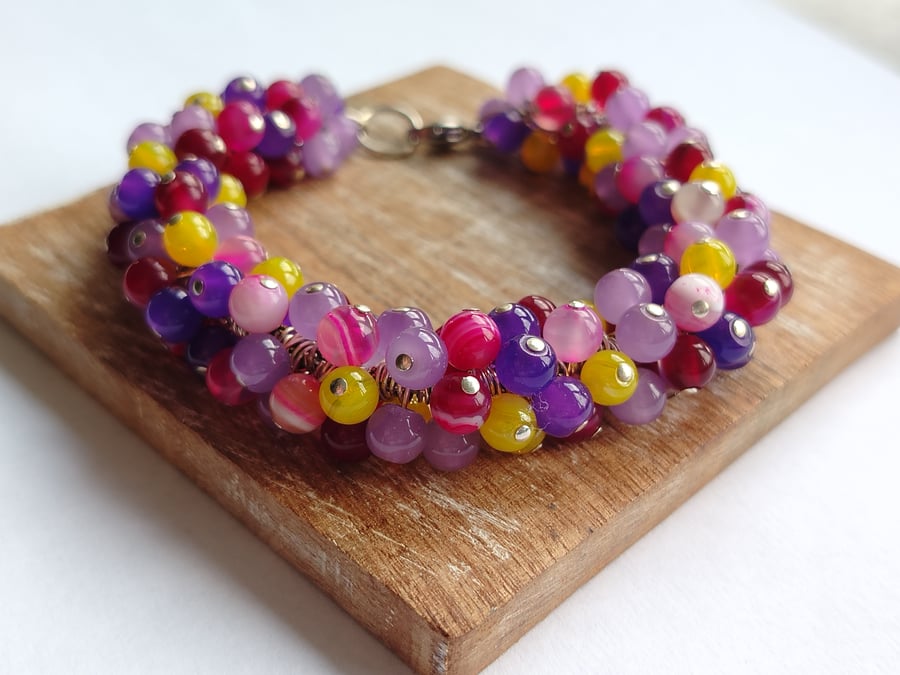 Purple and Yellow Glass Bead Full Cluster Bracelet