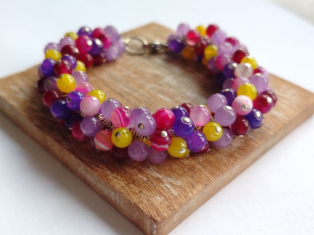 Purple and Yellow Glass Bead Full Cluster Bracelet
