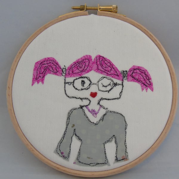 Seconds Sunday -  Pink Hair Girl Free Motion Embroidery Hoop Art