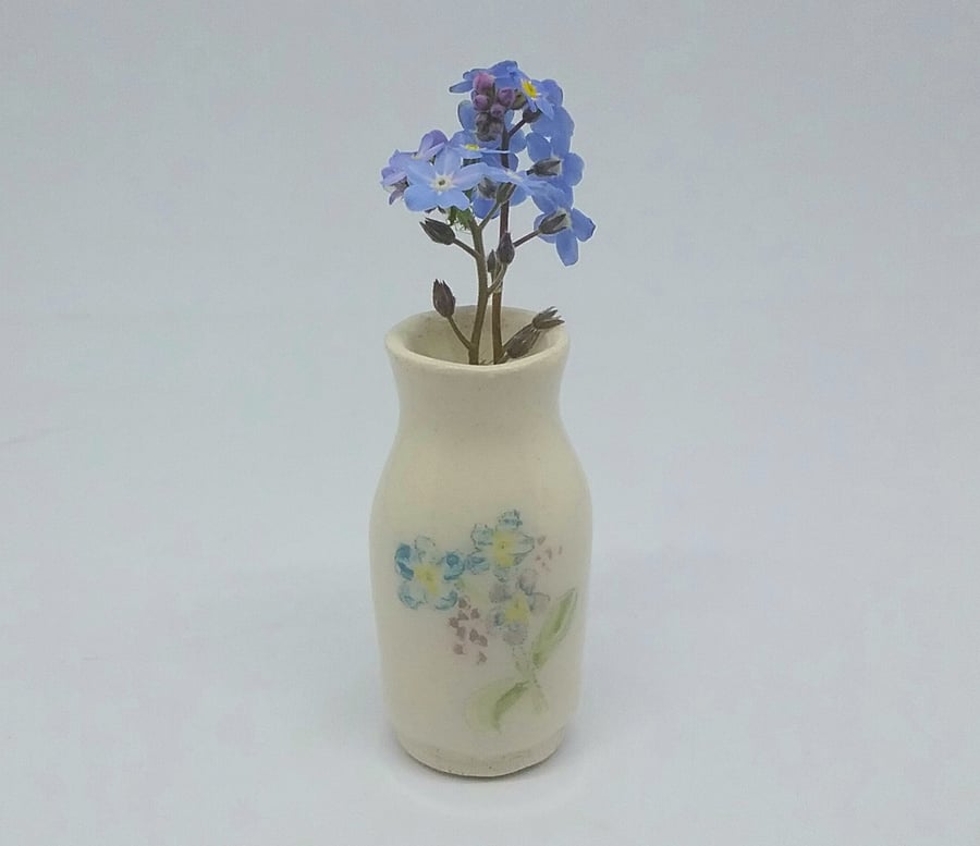 Miniature handmade vase with hand painted forget me not flowers dolls house 