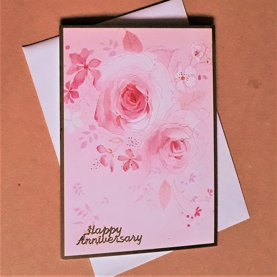 Floral Anniversary Card with Pink Roses - Folksy